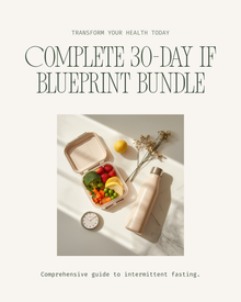 Flat-lay of the IF Blueprint guide with a meal-prep container, water bottle, small clock, and dried flowers, representing the complete 30-day intermittent fasting system